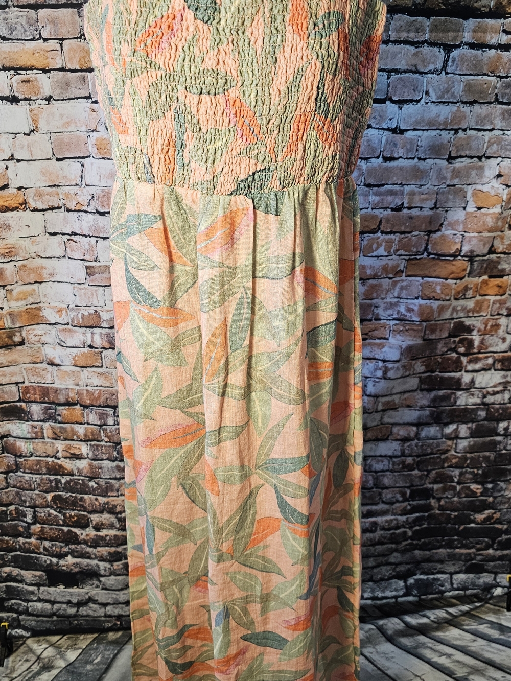 Faherty Catalina Linen Sunrise Smocked Maxi Dress Watercolor Tropical Print Sz M